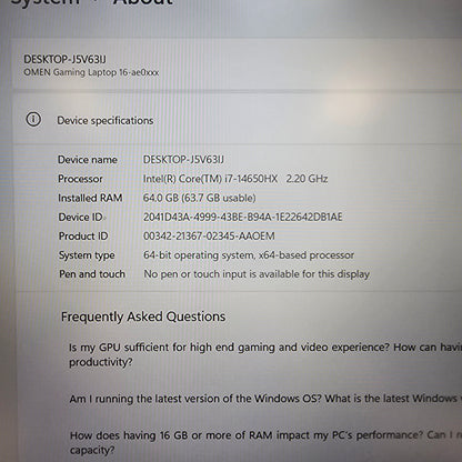 HP Omen 16-AE0073CL 16" i7-14650HX 2.2GHz 64GB RAM 2TB SSD 2TB SSD RTX 4060