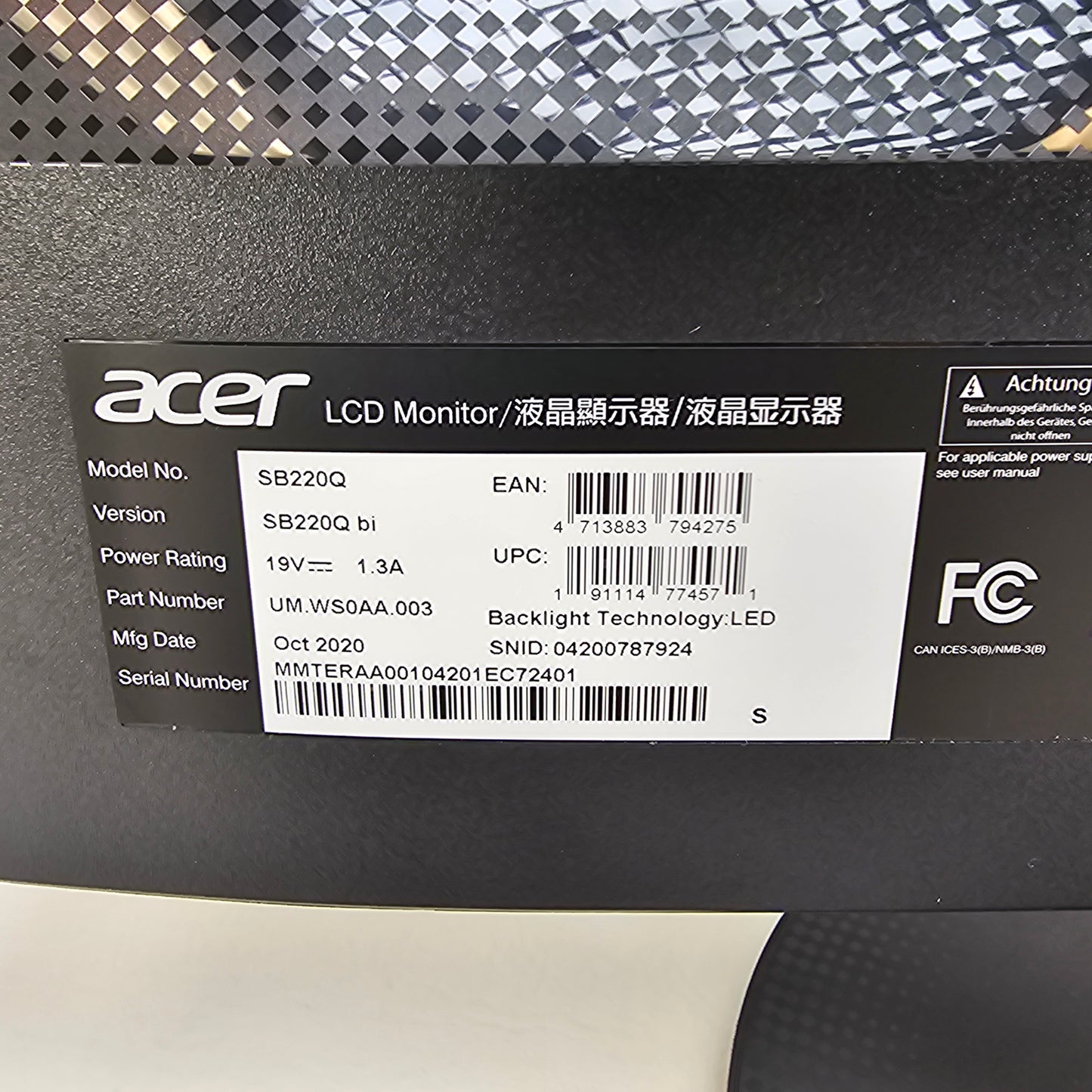 Acer 21.5" SB220Q LCD IPS 75Hz Flat Panel Monitor