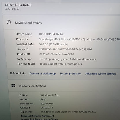 Dell XPS 13 9345 13.4" Snapdragon X Elite X1E80100 3.42GHz 16GB RAM 1TB SSD