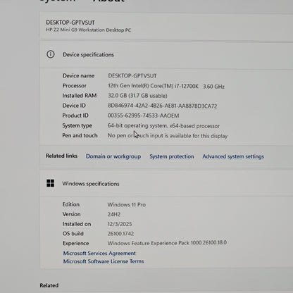 HP Z2 Mini G9 Workstation i7-12700 32GB RAM 512GB SSD T1000