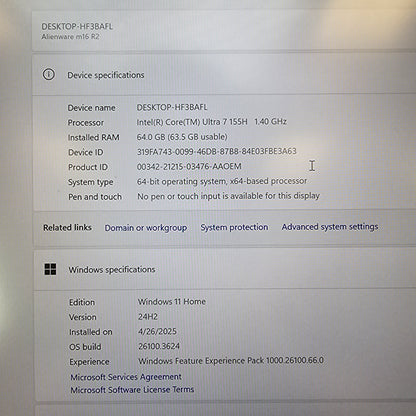 Alienware m16 R2 P139F 16" Core Ultra 7 155H 64GB RAM 1TB SSD RTX 4070