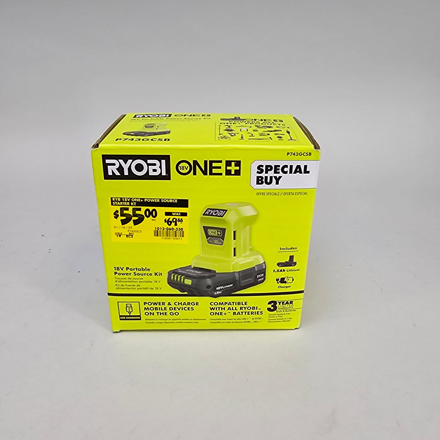 New Ryobi P743GCSB 18V Portable Power Source Kit