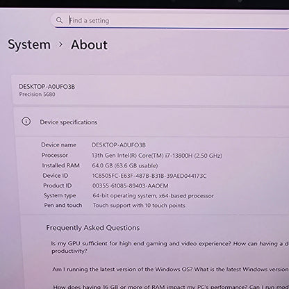 Dell Precision 5680 16" i7-13800H 2.5GHz 64GB RAM 1TB SSD RTX A1000