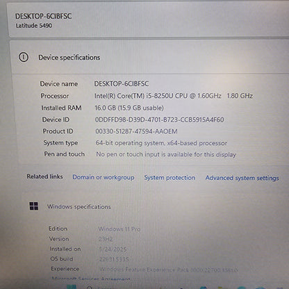 Dell Latitude 5490 P72G 14" i5-8250U 1.8GHz 16GB RAM 512GB SSD