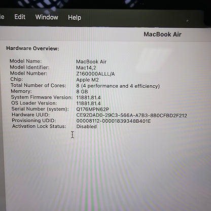 2022 Apple MacBook Air 13.6" M2 8C GPU 3.5GHz 8GB RAM 1TB SSD A2681